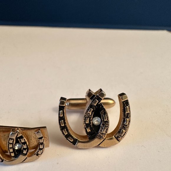 VINTAGE SWANK DOUBLE HORSESHOE CUFFLINKS AND TIE BAR - Picture 4 of 6